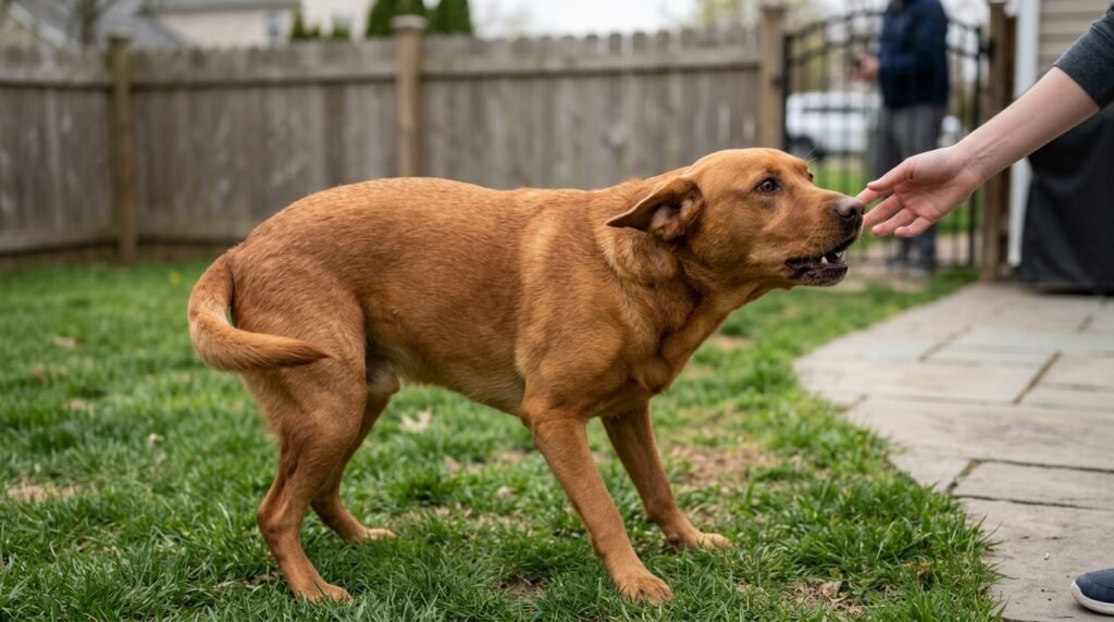 Anxious dog barking while showing fearful body language