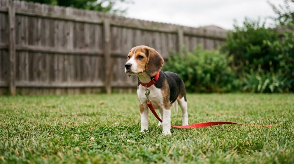 Small puppy standing on grass outside during a scheduled potty break