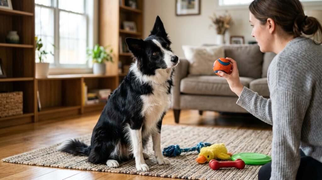 Border Collie tilting head while listening to toy name