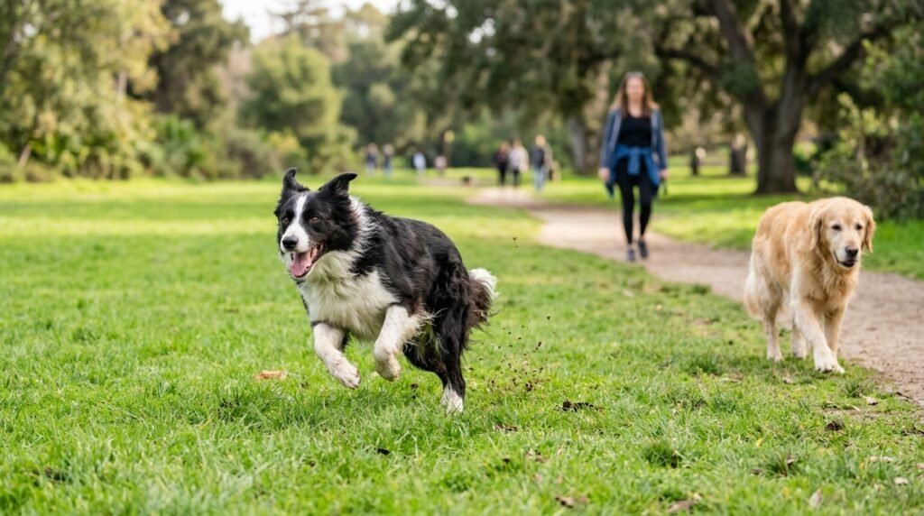 Energetic dog running in a park during daily exercise