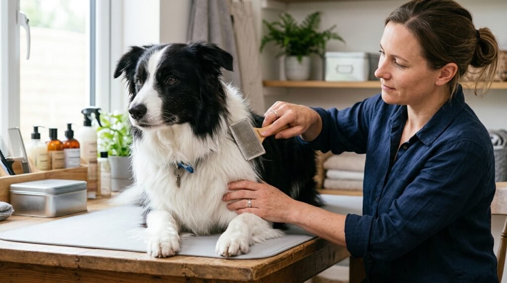 Dog grooming tips showing a healthy dog being brushed while its skin and coat are checked