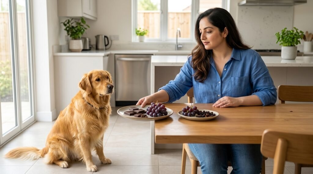 Dangerous foods for dogs including chocolate grapes and raisins kept away from a Golden Retriever