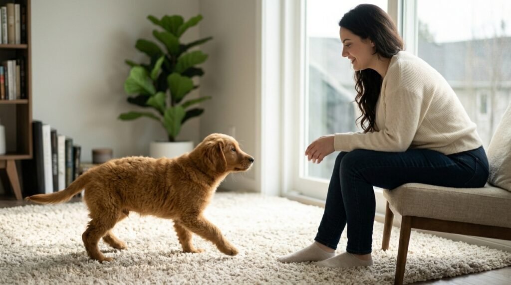 Nervous dog approaching owner without being forced