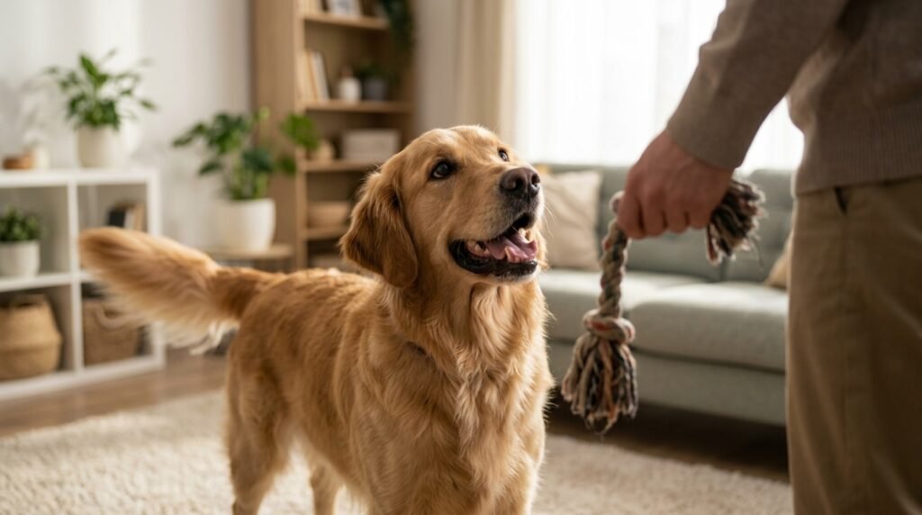Excited dog barking while anticipating playtime with its owner