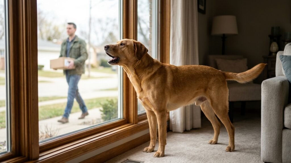 Dog barking at a person outside the house due to alert or territorial behavior