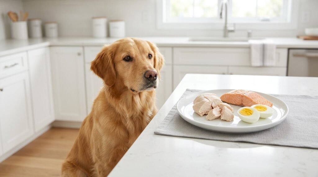 Safe human foods for dogs including cooked chicken, salmon, and eggs