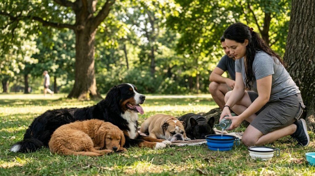 Different dogs resting in shade during hot summer weather