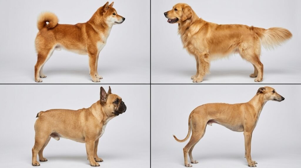 Collage of different dog breeds showing curled, feathered, docked, and straight tail shapes