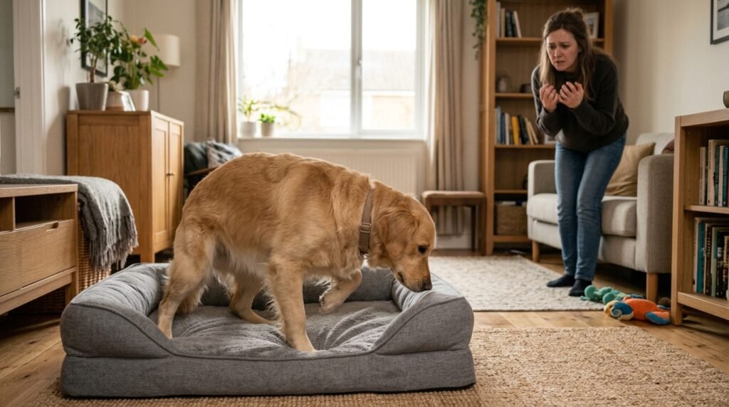 Dog circling on a soft bed before lying down