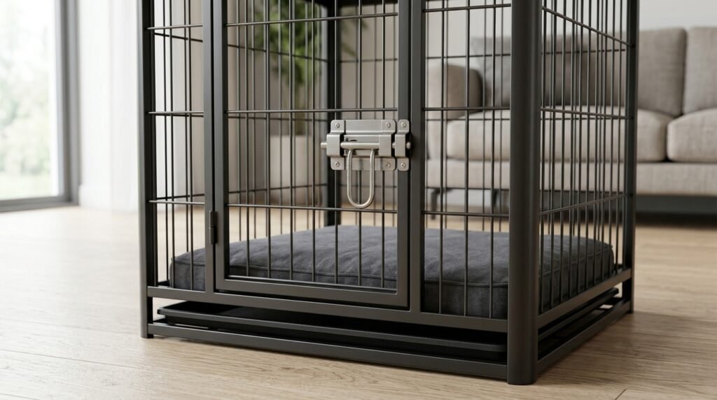 Secure latch and safe design features on a comfortable dog crate