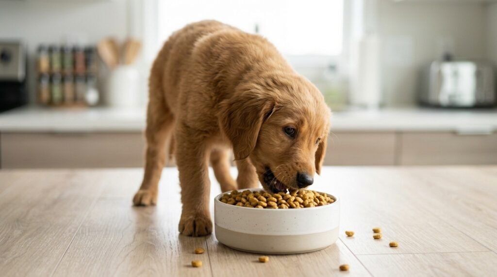Dog eating too quickly, which can contribute to hiccups