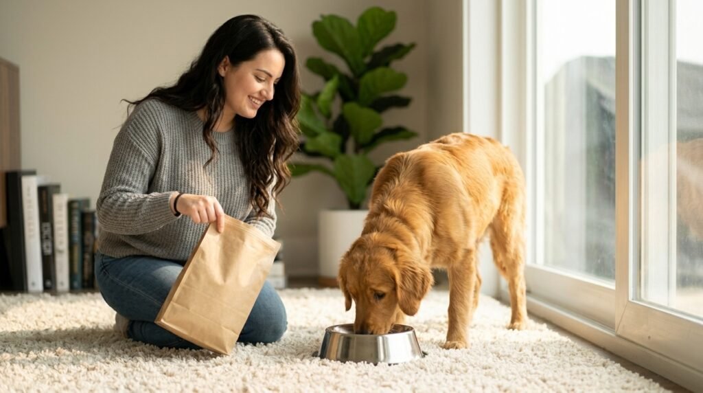 Healthy dog eating balanced food after the owner carefully checked the ingredients.