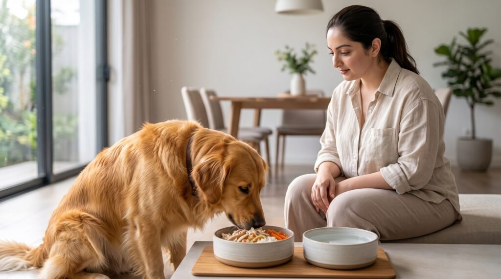 Golden Retriever eating a healthy homemade dog food meal