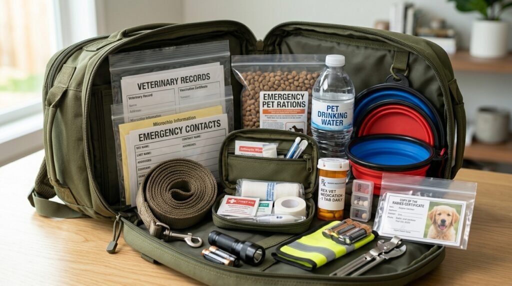 Essential supplies inside a dog emergency kit