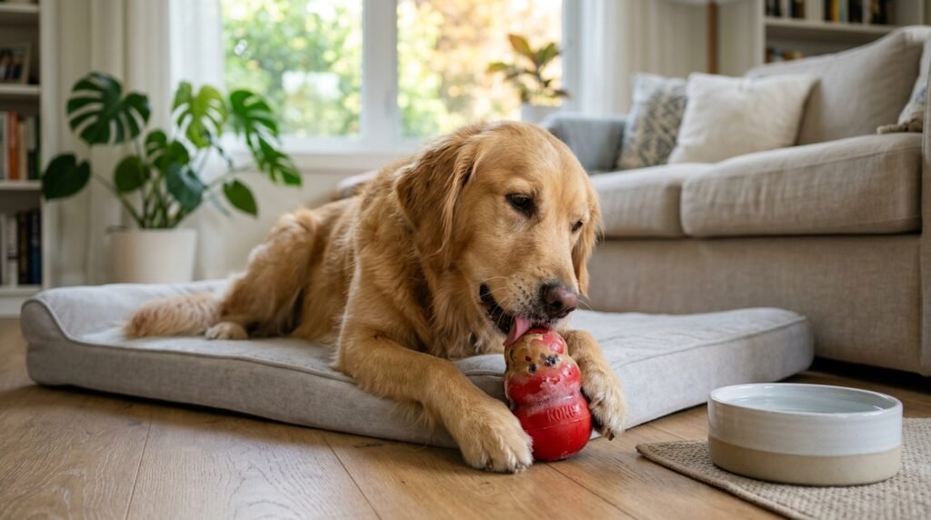 Dog enjoying a frozen enrichment toy indoors during summer