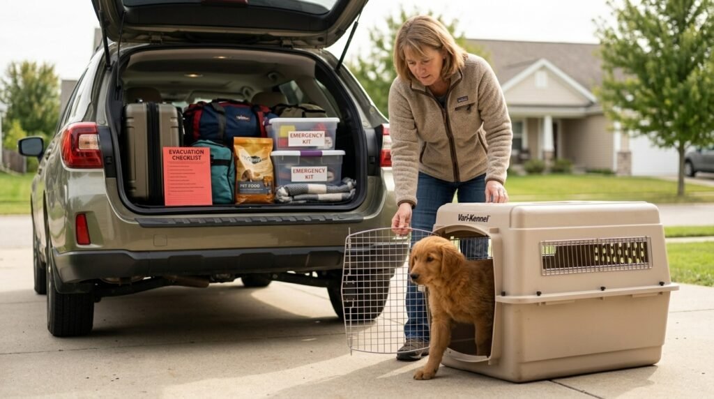 Dog entering a travel crate during emergency evacuation preparation