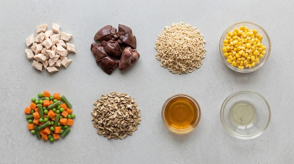 Common dog food ingredients including protein, grains, organ meat, and fiber sources.