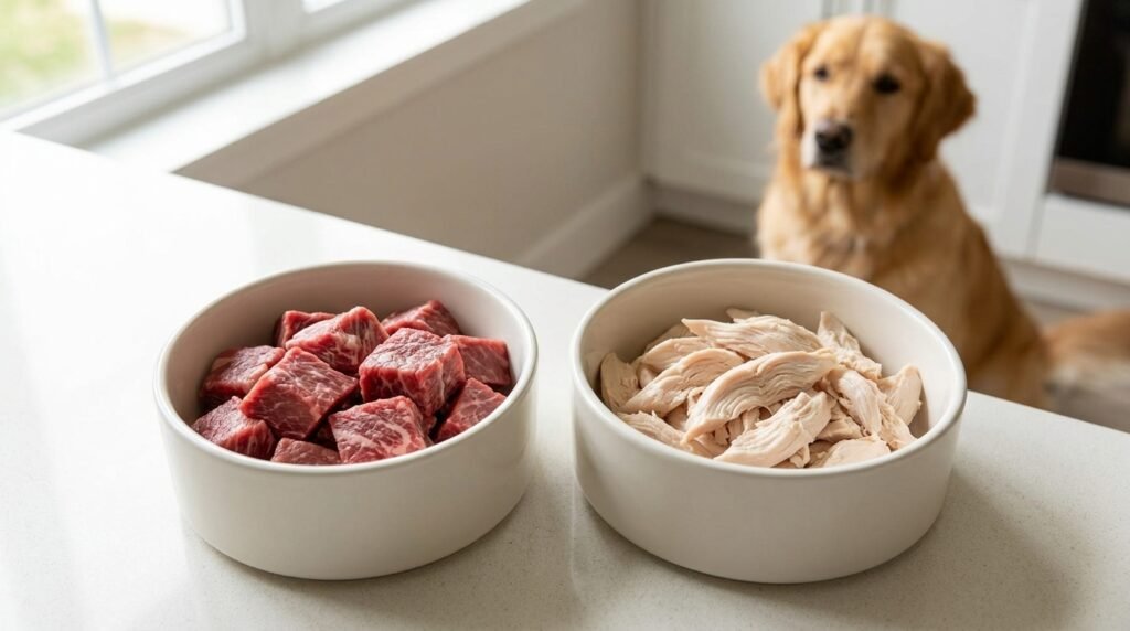 Comparison of raw meat and plain cooked meat for dogs.