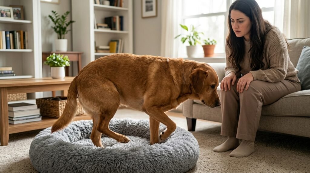 Dog showing possible pain through stiffness and reluctance to move