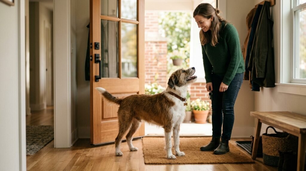 Owner calmly greeting an excited dog at the front door