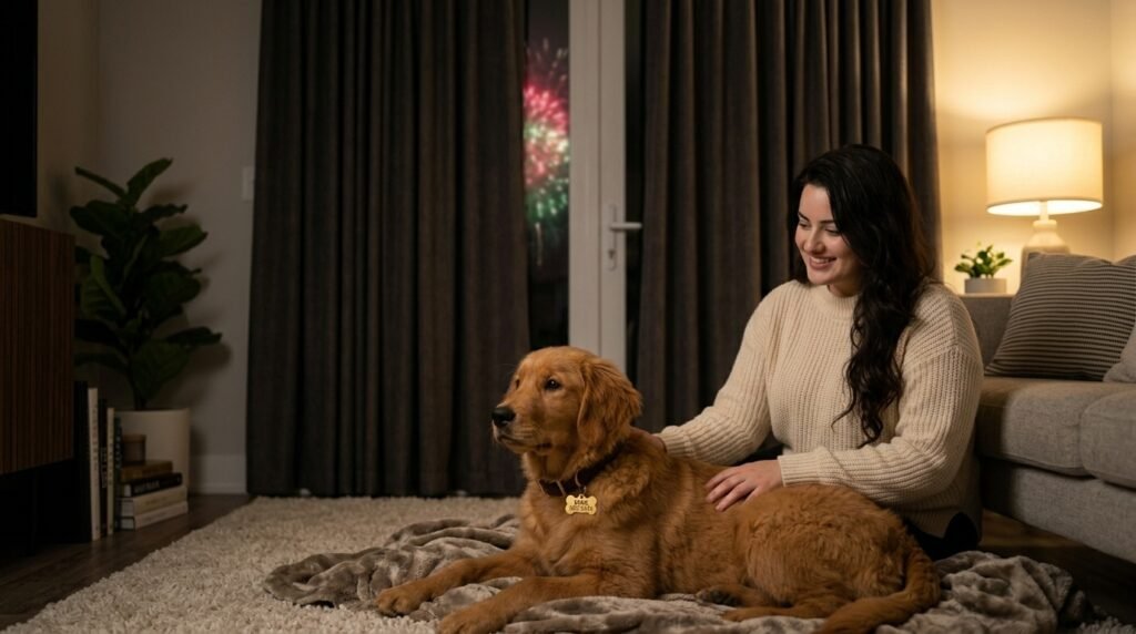 Dog safely indoors during fireworks with owner