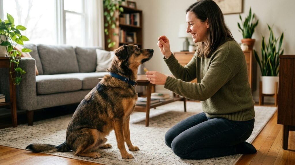 owner using positive reinforcement to train an adult dog
