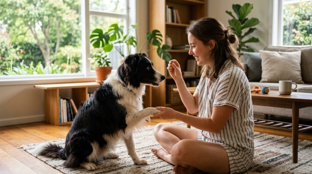 Dog learning a new trick during an indoor training session