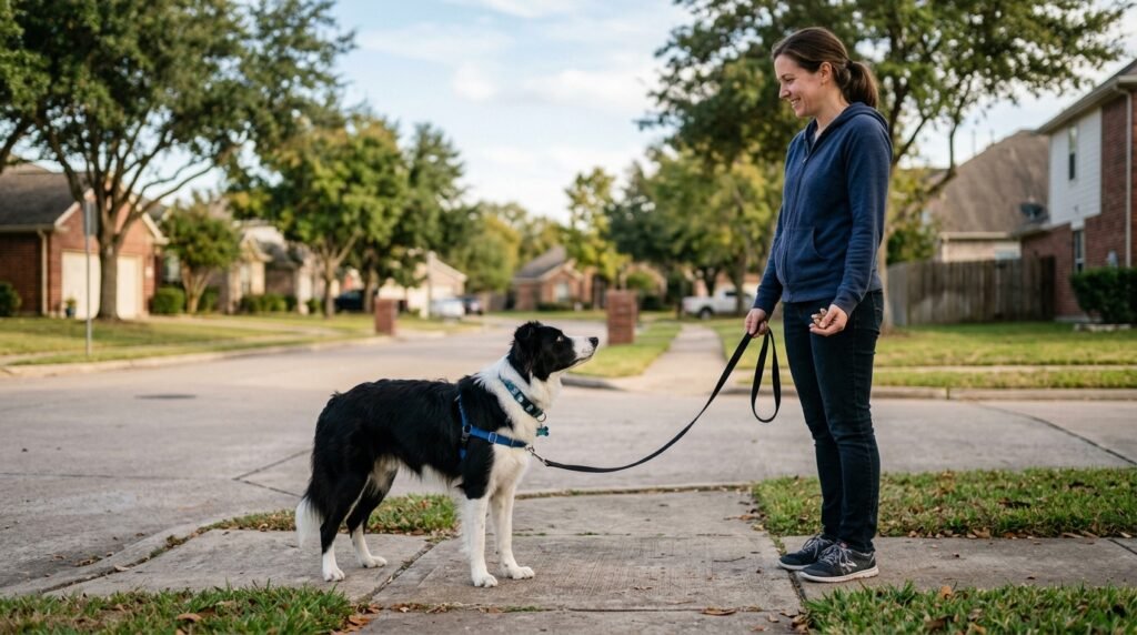 Dog owner stopping when the leash becomes tight during training