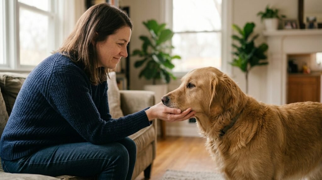 Dog gently licking its owner's hand after a tense interaction