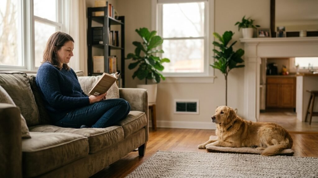 Dog resting quietly near its owner after a tense moment