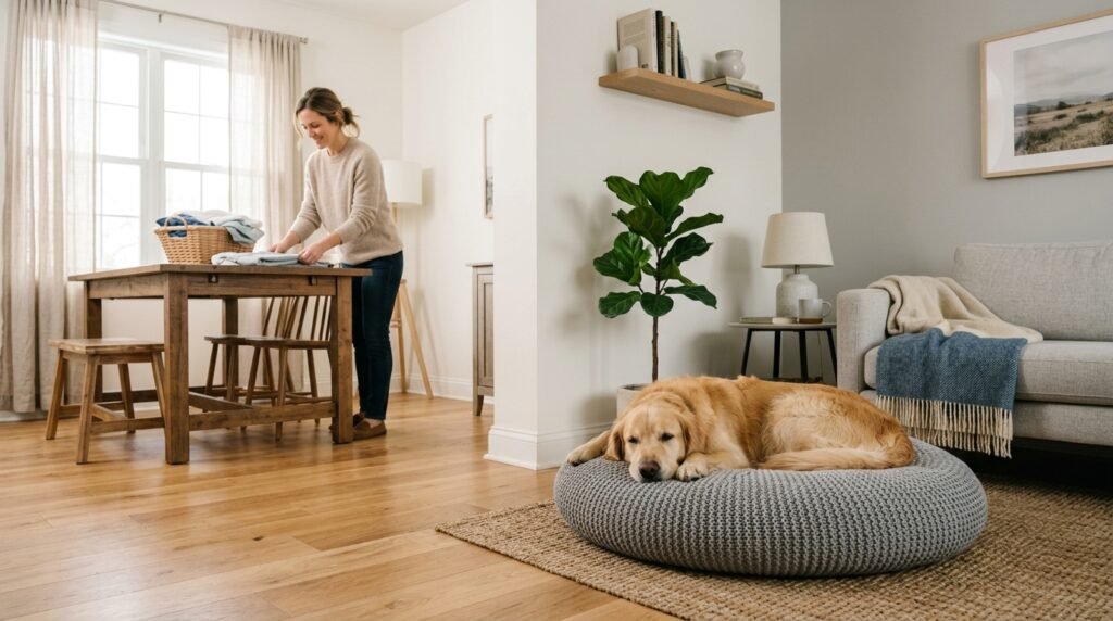 Dog lying calmly on a designated mat during indoor settle training