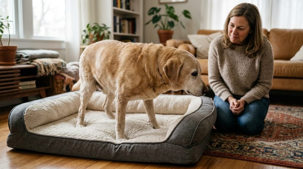 Dog circling normally before lying down while owner observes