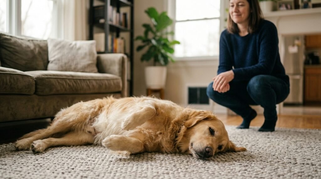 Dog lying on its back with a relaxed owner nearby during a tense social moment