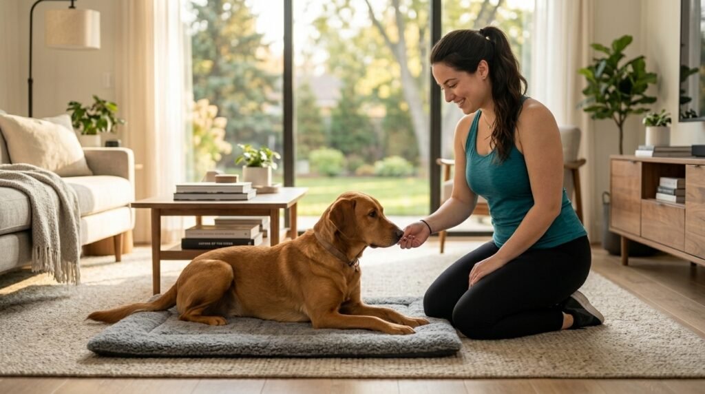 Dog being rewarded for calm behavior during home training