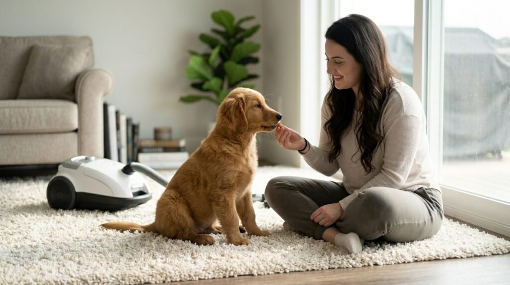 Nervous dog learning to tolerate a vacuum through gradual exposure