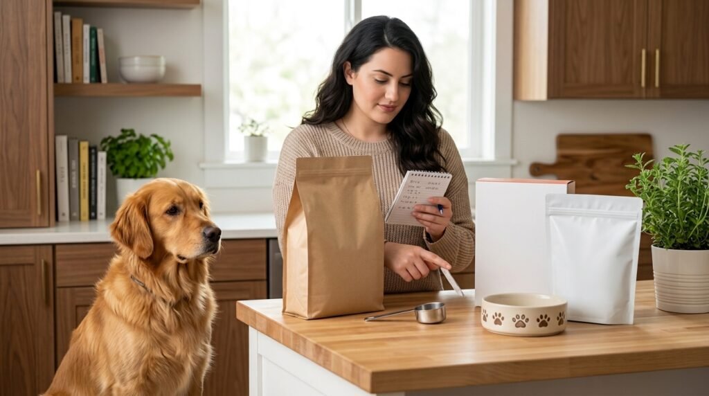 Dog owner comparing food options while planning dog care costs