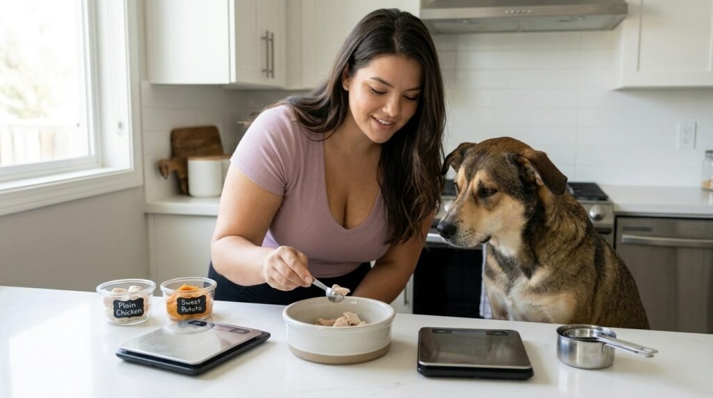 Dog receiving a small portion of safe human food as an occasional treat