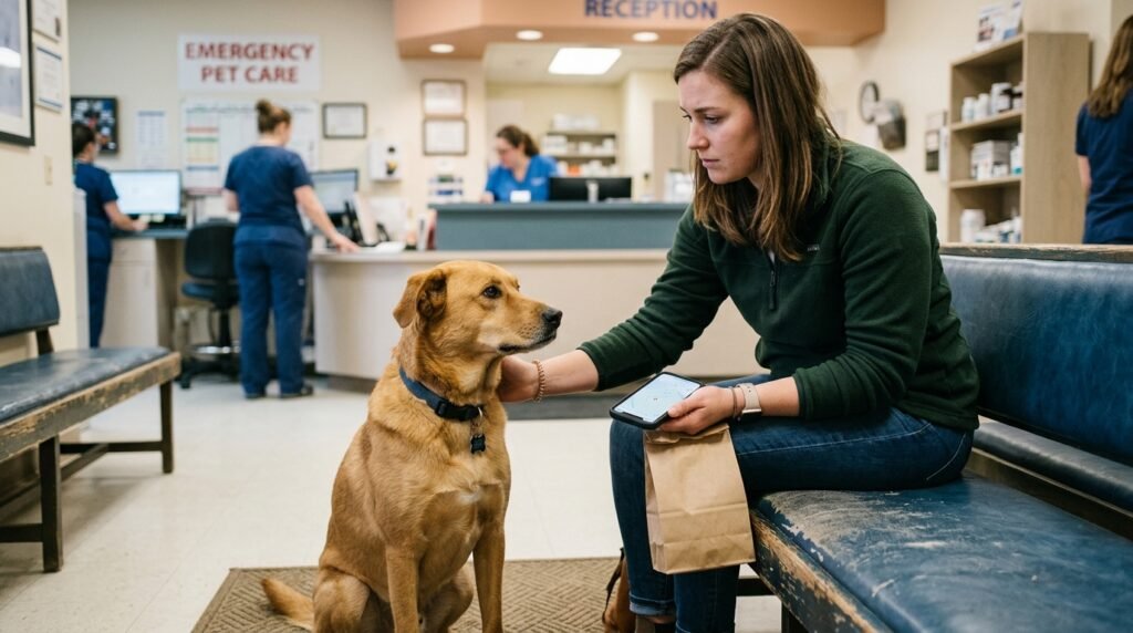 Concerned dog owner preparing to contact a veterinarian after possible food poisoning