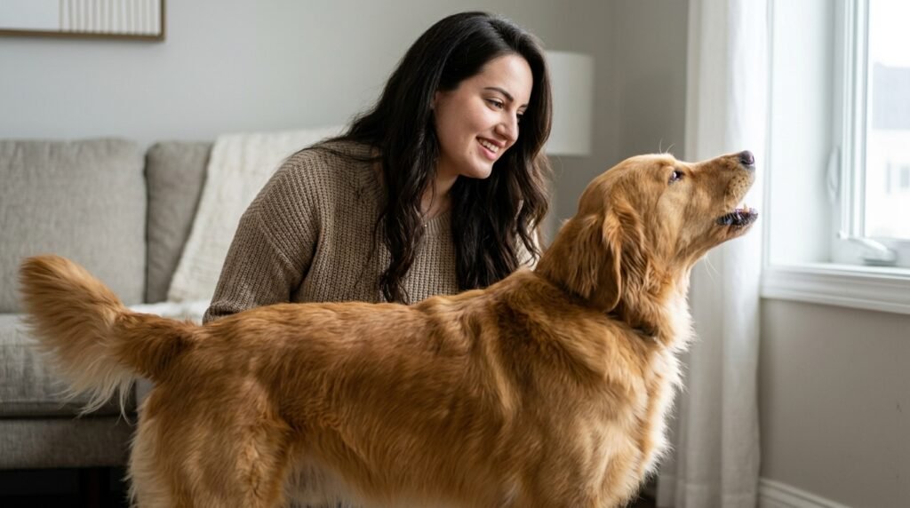 Dog owner observing barking dog body language to understand its behavior
