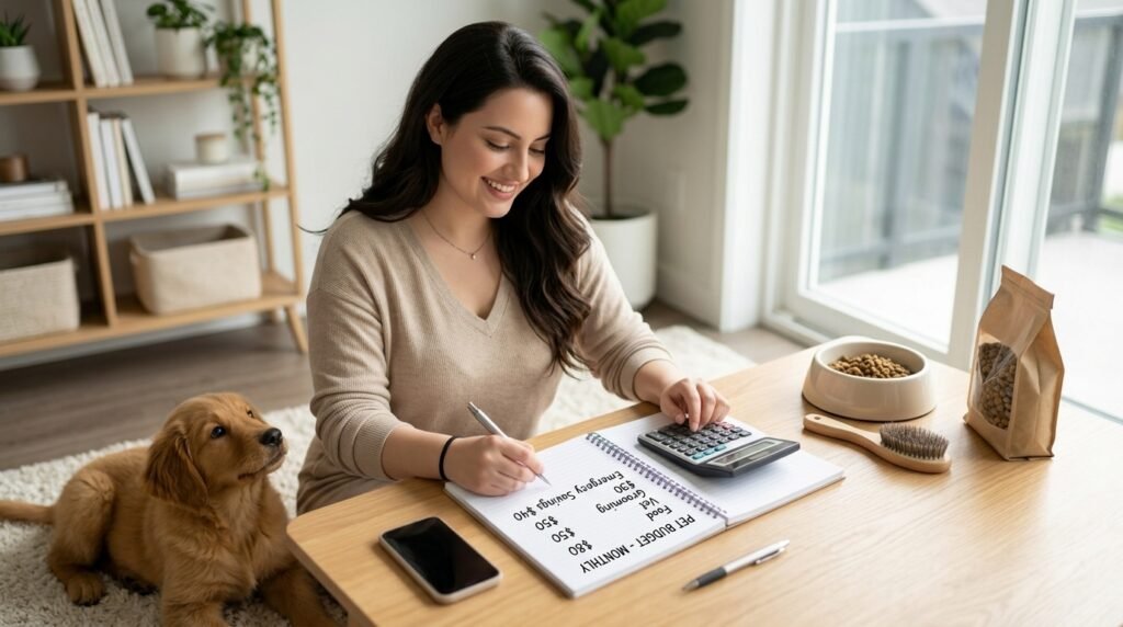 Dog owner creating a monthly budget for dog care costs