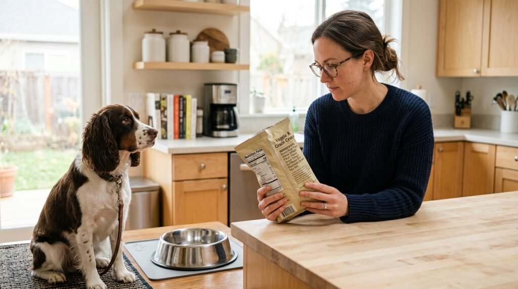 Dangerous dog food ingredients highlighted on a food ingredient label beside a dog bowl