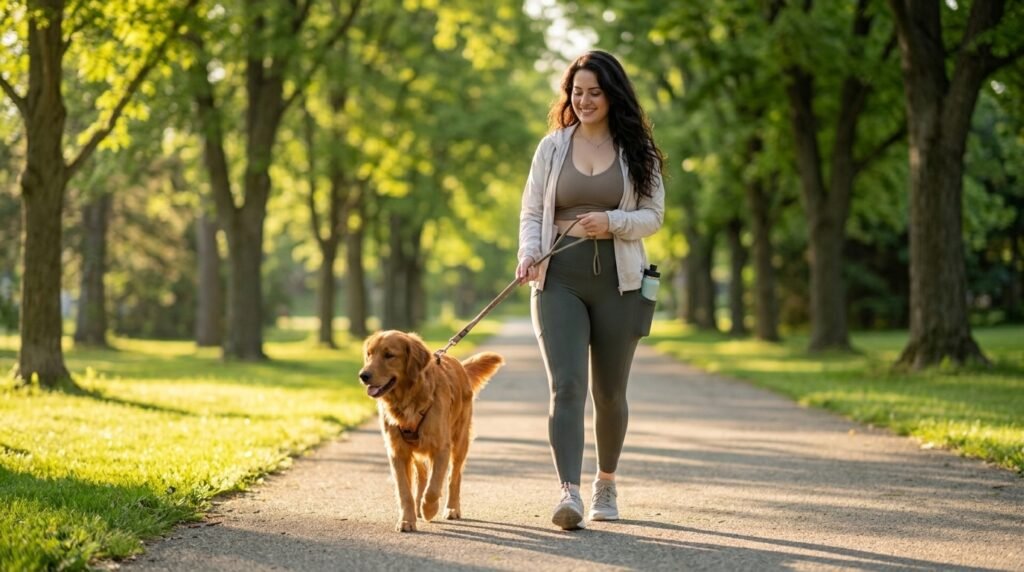 Dog walking with its owner during a cooler summer morning