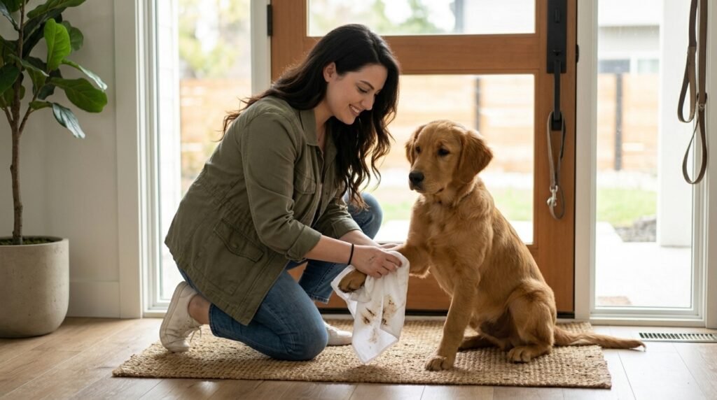 Owner wiping a dog's paws to reduce grass allergy exposure