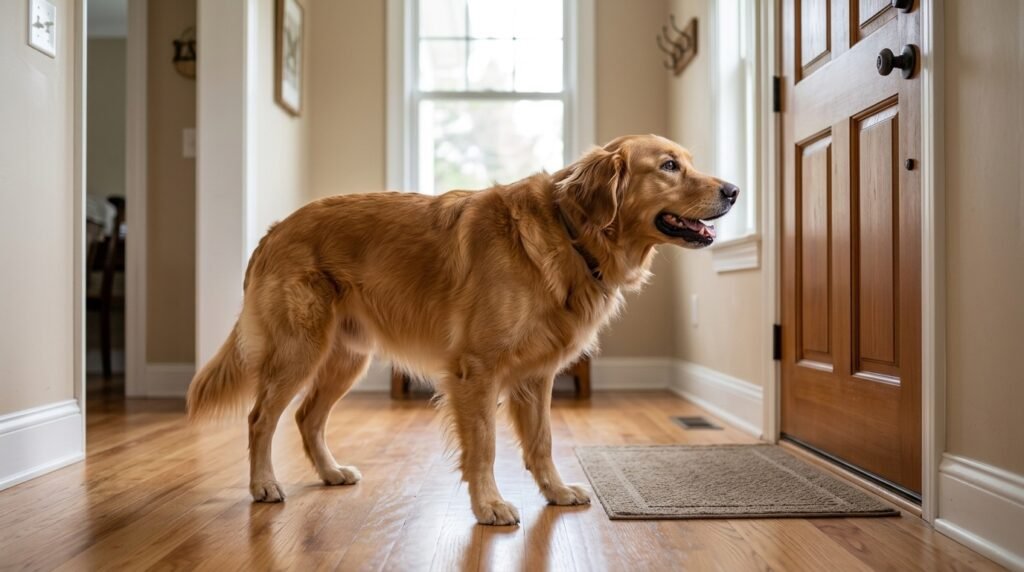 Woman comforting her dog to ease separation anxiety in dogs through calm bonding