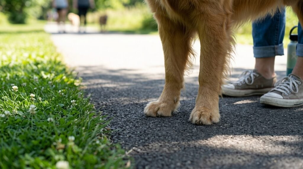 Dog standing on a shaded path beside grass during hot weather