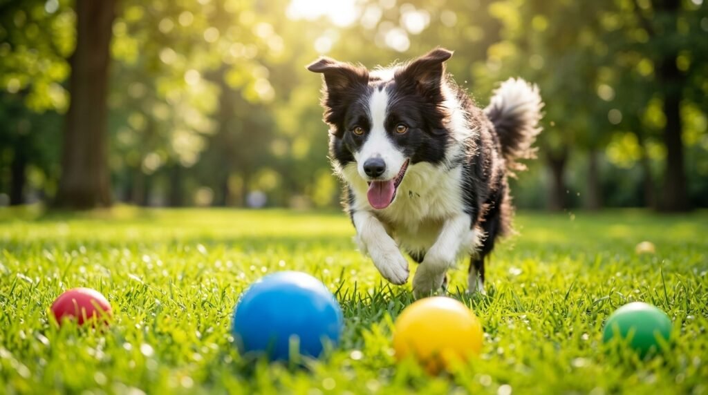 Dog finding blue and yellow toys on green grass
