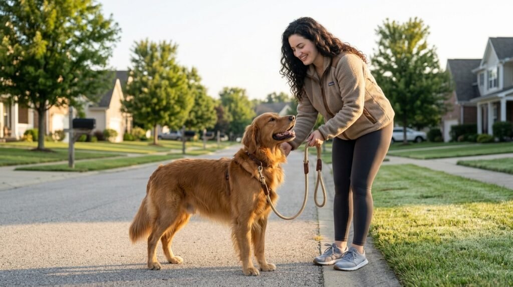 Morning dog routine with a calm walk and owner