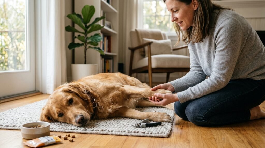 Owner gently practicing calm handling with a relaxed dog