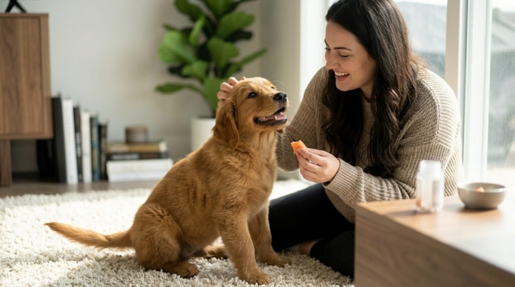 Dog receiving positive reinforcement after safely taking medicine