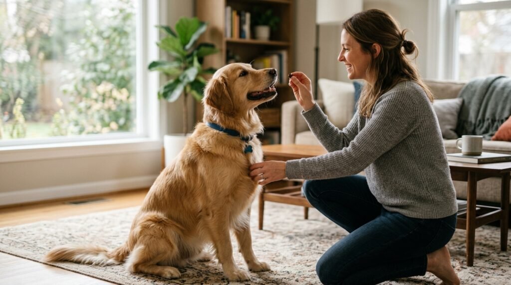 Dog receiving a treat during calm positive reinforcement training